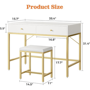 Tocador de Maquillaje Moderno con Taburete Acolchado, Escritorio Blanco y Dorado con Cajones, Conjunto de Tocador y Taburete, Mesa de Maquillaje con Silla - Product Image 3