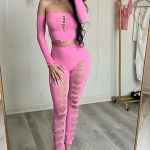 Viviblook Z519ST10 2025 nouvelles femmes Sexy creux coupe ajustée à manches longues évider tricoté costume 2 pièces ensemble - Product Image 6