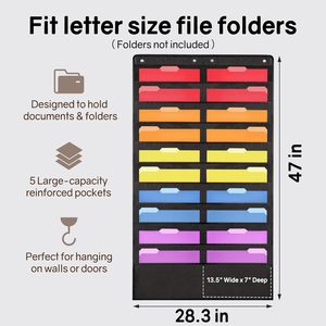 20 Pockets Hanging Wall File Organizer Black Non Woven Fabric Punch Free Office <b>Storage</b> Pocket Chart Hook Type - Product Image 3