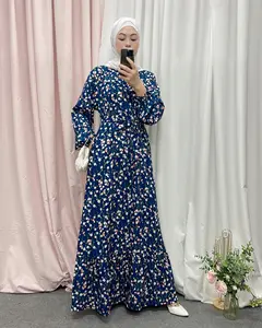 花朵印花长袖连衣裙伊斯兰连衣裙女性穆斯林服装吉尔巴布阿巴亚连衣裙伊斯兰服装现代