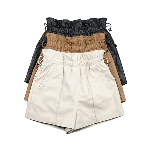 2613 High Quality Leather Tailored Stretch Waist Pleated Pocket Embellished Women's Short Trousers