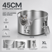 Bac à litière pour chat en acier inoxydable XL brossé effet soie de luxe, 45 cm, capacité 60 L, manuel, anti-éclaboussures, design ouvert, toilettes pour animaux de compagnie