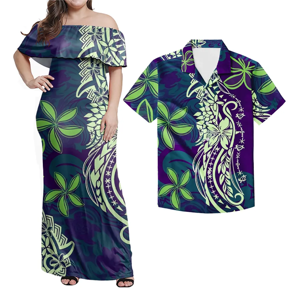 Polynesian Tribal Design Hawaii Meeres schildkröte dunkelgrüne Druck Blumen Rüschen Kleider und Herren hemden Puletasi Großhandel