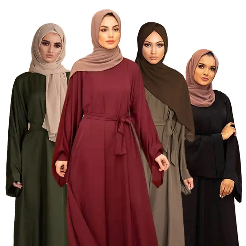 OEM Custom Middle East Women Solid Color Long Sleeve Skirt Ruched Casual Muslim Clothing One Piece Set Women Dress