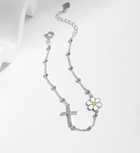 S925 Silver Chain <b>Bracelet</b> With Cross And Daisy Flower Rhodium Plated Women's Everyday Wear <b>Cute</b> Style Jewelry - Product Image 4