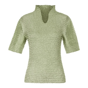 Verano Venta caliente mujeres europeas y americanas de pie cuello manga corta plisado Delgado verde <span class=keywords><strong>mujer</strong></span> versátil camiseta Top - Product Image 5