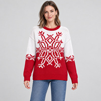 Pull en tricot pour femme, motif flocon de neige de Noël, col rond, épaules tombantes, manches longues, rouge et blanc, OEM ODM personnalisé