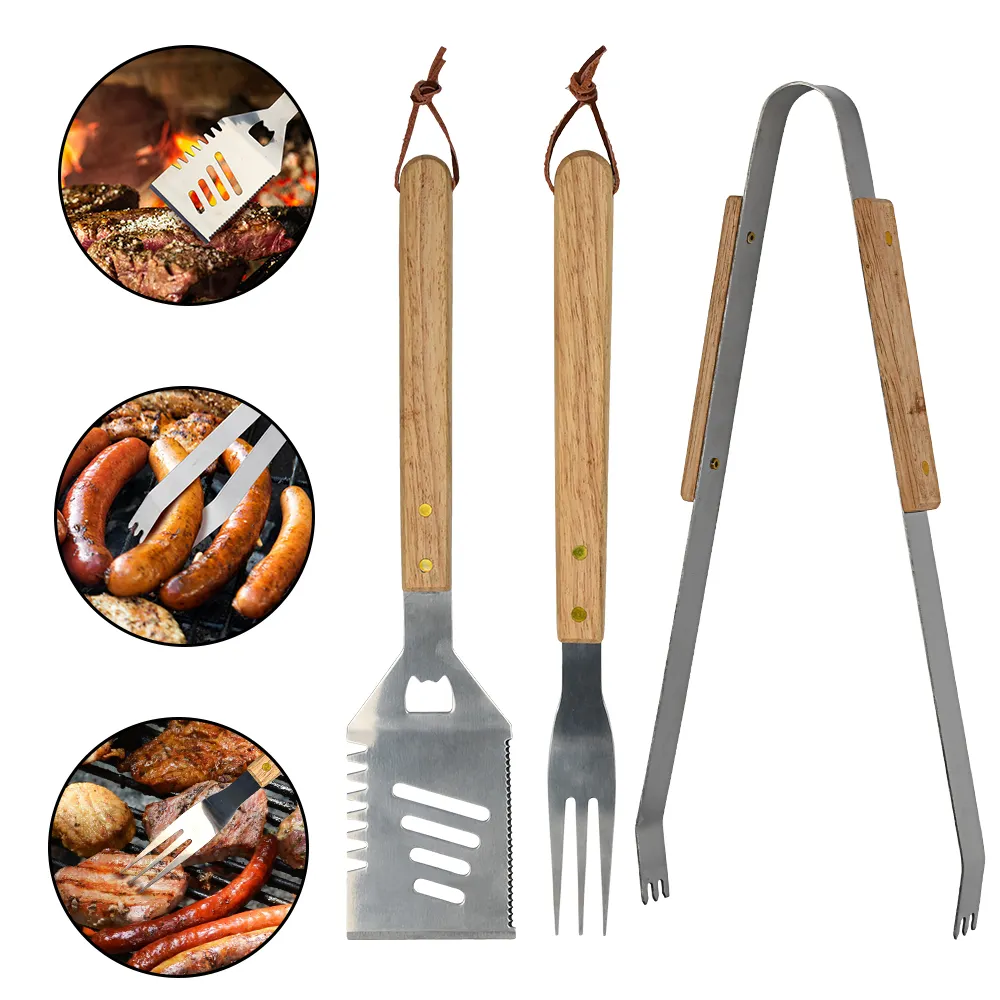 Churrasco-Kit de espátula de acero inoxidable, tenedores, pinzas para parrilla de barbacoa, utensilios de barbacoa, juego de herramientas con mango de madera aislado, 3 uds.