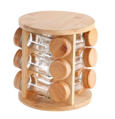 ชั้นวางไม้ไผ่พร้อมขวดเครื่องเทศ 12 ชิ้นพร้อมฝาไม้ไผ่