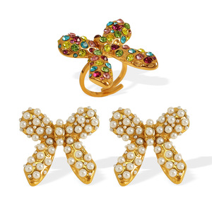 Bowknot <b>Stud</b> <b>Earrings</b> Stainless Steel Pearl Zircon 18K Gold Plated Party Jewelry Fashion Accessories - Product Image 5