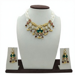 Traditional <b>Silver</b> Pearl <b>Choker</b> Necklace Set with Green Stone Pendant Matching Earrings Antique Bridal Ethnic Jewelry - Product Image 3