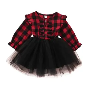 2021 Kids Dresses for Girls Christmas Clothes Party Costume Red Plaid Print Children Girls Elegant Lace Dress Xmas Casual Wear