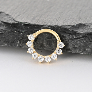 Oem/ODM 14k Rắn vàng bản lề đoạn Clicker móng vuốt thiết lập 9 hạt tròn Zircon vách ngăn mũi Vòng cơ thể xuyên đồ trang sức - Product Image 2