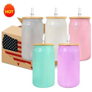 Gobelet en verre blanc de 15 oz avec paillettes arc-en-ciel, personnalisable par sublimation, avec couvercle en bambou - Product Image 2