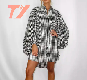 Vestido TUOYI 100% vestidos casuales de algodón muestra un patrón de guinga blanco y negro vestido de camisa de guinga - Product Image 1