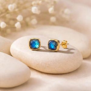 Modern Labradorite Cushion Cut <b>Stud</b> <b>Earrings</b> Natural Blue Fire Gemstone In 925 Sterling <b>Silver</b> Or 18K Gold Filled Luxury Fine - Product Image 4