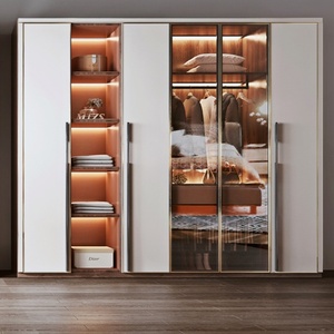 Armoire <span class=keywords><strong>sur</strong></span> <span class=keywords><strong>mesure</strong></span> en mélamine à montage facile, avec contraste de couleurs, pleine hauteur, bordure dorée, vitrine en verre trempé et éclairage LED intégré - Product Image 1