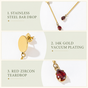 ต่างหูทรงหยดน้ำประดับเพทายสีแดง สแตนเลสสตีล ชุบทอง 14K แบบสุญญากาศ หินรูปหยดน้ำ ต่างหูห้อยยาว - Product Image 2