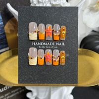 196-200 French Flowers Coffin Shape 3D Handmade Acrylic Full Cover Press on Nails Glue 10 Pcs Aplikasi Kuku Palsu untuk Jari