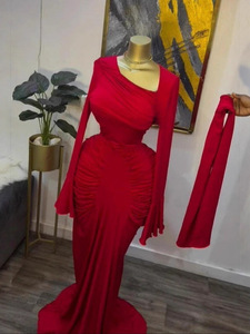 Elegante Abito <span class=keywords><strong>Lungo</strong></span> da Festa con Maniche Lunghe a Campana, Collo Alto, Drappeggiato e Schiena Scoperta - Product Image 3