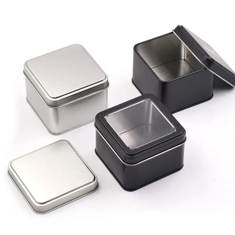 Customize plain black square gift tin metal watch box pack window clear lid tin box for watches