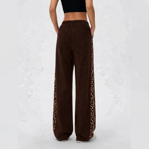 ONETEN APPARELS <b>Women's</b> Leopard Side Stripe <b>Corduroy</b> Wide Leg Pants <b>High</b> <b>Waist</b> Elastic Loose Drawstring Autumn <b>Trousers</b> - Product Image 1