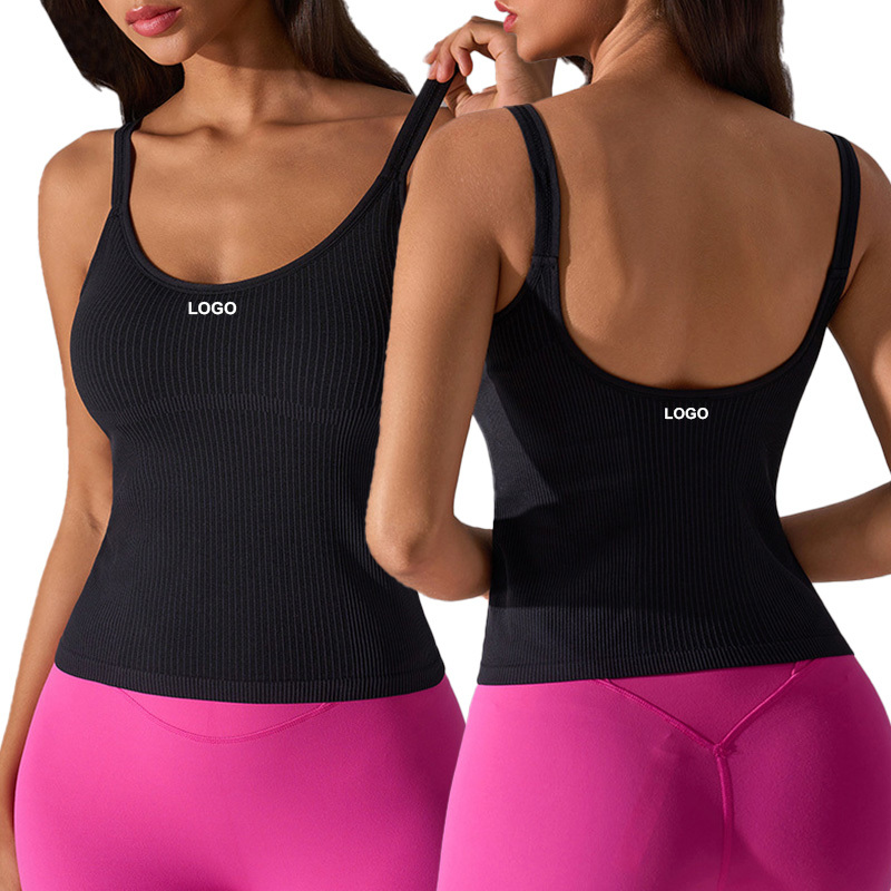 D25075 Women Seamless Square Neck Tank Top Build-in Bra Nude Feeling Slim Yoga Top