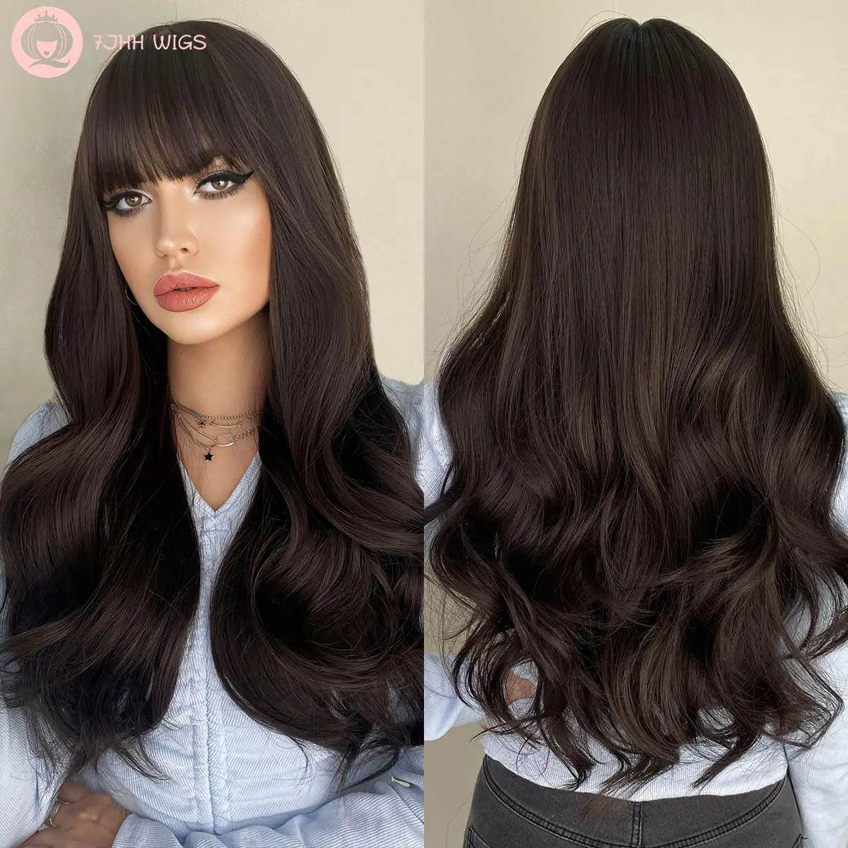 Natural Black Wig Long Curly Wig with Bangs for Women Dark Brown Long Wavy Wig Synthetic Hair Factory 26 Inches Hair