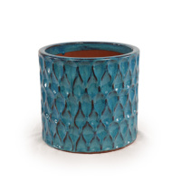 Pot de fleurs en céramique émaillée écologique et durable avec trou de drainage, bleu sarcelle, texture gaufrée en écailles de poisson, pour l'intérieur, la maison et le jardin