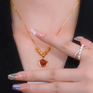 Titanium Steel Red Agate Pendant Necklace For Women Geometric Ball Shape Bezel Setting Gift Jewelry Collarbone Chain - Product Image 3