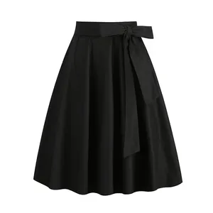 Falda larga de algodón estilo Vintage para mujer, falda larga con bolsillos, color negro liso