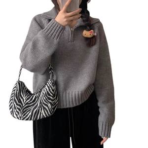 拉链翻领休闲针织长袖毛衣女式时尚实心女套头衫 - Product Image 6