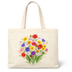 Sac fourre-tout en toile de coton biologique imprimé avec logo personnalisé, grande taille, motif floral, sac de shopping, poignée d'épaule, usage quotidien - Product Image 1