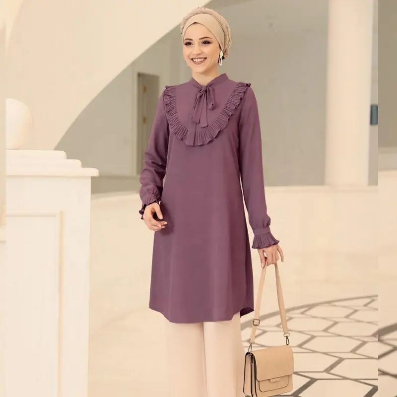Fashion design women casual islamic long tops solid color long sleeve muslim tunic blouse