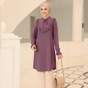 Модный дизайн, женские повседневные исламские Длинные Топы, однотонная мусульманская туника с длинным рукавом, блузка