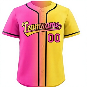 Camiseta de Béisbol Sublimada Personalizada con Nombre de Equipo 00, Color Rosa y Amarillo, Unisex, Adulto, Manga Corta, Transpirable, con Botones al Frente - Product Image 1