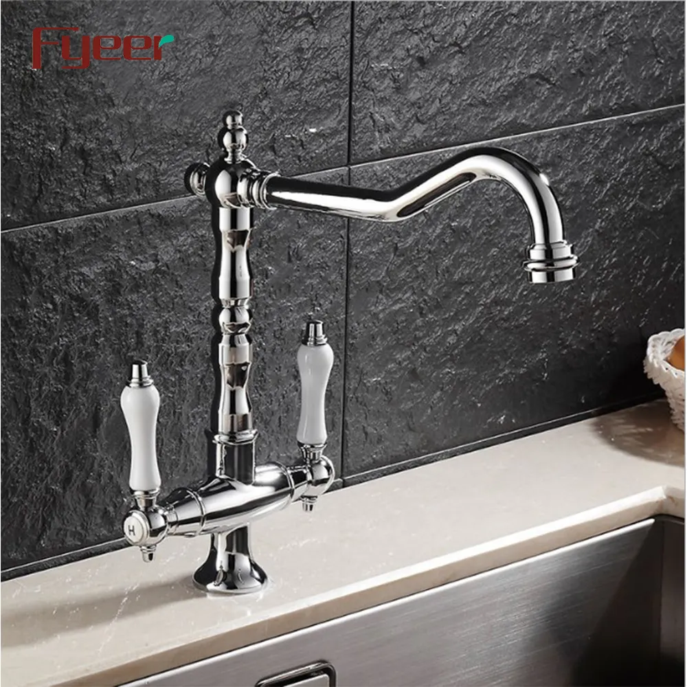 Fyeer Retro Style Brass Chrome Plated Kitchen Sink Faucet with Double Ceramic Handle