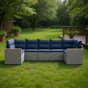 ชุดโซฟาสวนหวายเทียมสีเทา 6 ที่นั่ง พร้อมเบาะรองนั่ง เฟอร์นิเจอร์กลางแจ้ง ดีไซน์ร่วมสมัย - Product Image 2