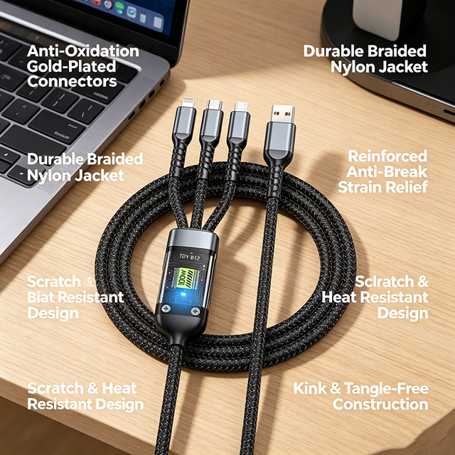 100W 3-in-1 Charging Cable with LED Night Light Transparent Chip Anti-Oxidation Connectors Braided Nylon
