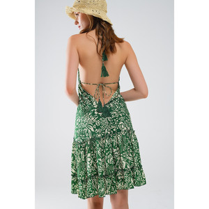 Abito Corto Verde Stile Boho in Raso con Stampa Floreale - Product Image 1