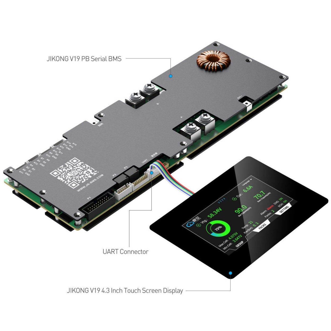JK BMS PB2A16S20P with 4.3inch Screen 16S 48V 100A 200A Smart BMS for Growatt Deye Inverters