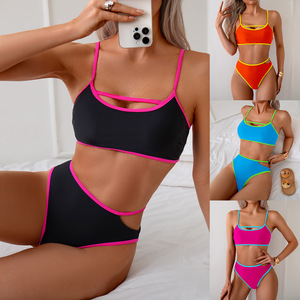 Conjunto de bikini con bloques de color y espalda descubierta para mujer, traje de baño de 2 piezas con ribetes en contraste, traje de baño para adultos - Product Image 1