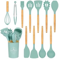 Penjualan terlaris 12 buah Set peralatan dapur pegangan kayu silikon memasak sendok Spatula alat dapur Set