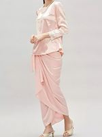 Set Baju Kurung Satin Solid Elegan Kancing Mutiara Lengan Panjang Rok Draped Islami untuk Wanita Pakaian Formal Festival Sopan