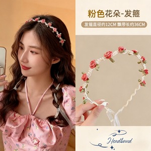 Fascia per capelli floreale con perle e fiocco in nastro, ghirlanda nuziale, accessorio per capelli da sposa per donne e ragazze, per feste e balli - Product Image 3