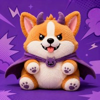 Figurine en peluche fantaisie Corgi démon, peluche à cornes violettes et cape pour décoration de fête d'Halloween et cadeau de collection effrayant