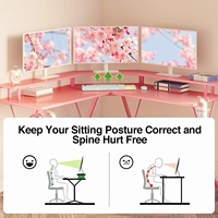 Bureau d'ordinateur en forme de L Surface en fibre de carbone avec support de moniteur RVB LED Lumières colorées Bureau de jeu rose