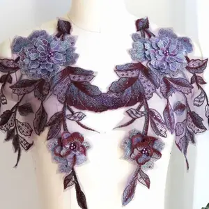 Tự làm 3D thêu sequin đính cườm tím ren hoa Hoa Đính cho váy cưới