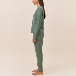 Ensemble de pyjama en tricot gaufré pour femme, haut personnalisé <span class=keywords><strong>à</strong></span> col en V et manches longues avec pantalon de jogging <span class=keywords><strong>à</strong></span> cordon de serrage, vêtements de détente confortables - Product Image 2
