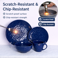 Lot de 16 pièces de vaisselle en grès bleu gaufré, style classique, résistant à la chaleur, compatible lave-vaisselle, assiettes et bols en céramique en gros